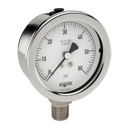 NOSHOK Pressure Gauge, 2.5" 304SS Case, 316SS Internals, 30/160 psi/kg/cm2, 1/4 NPT Male Bottom Conn, Glycerin Filled 25-500-30/160-psi/kg/cm2